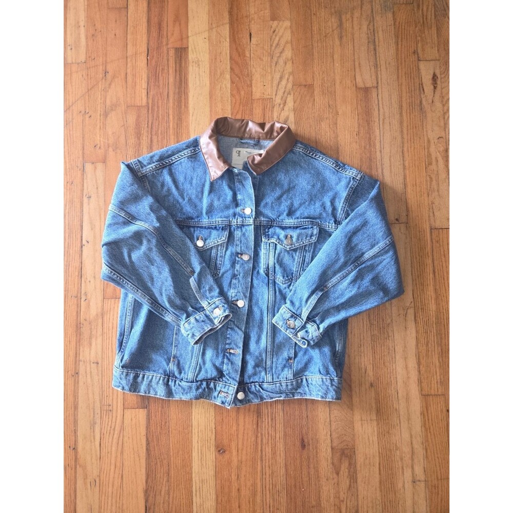 Pilcro Womens Denim Jacket Faux Leather Trim Trucker Medium Wash Workwear Small